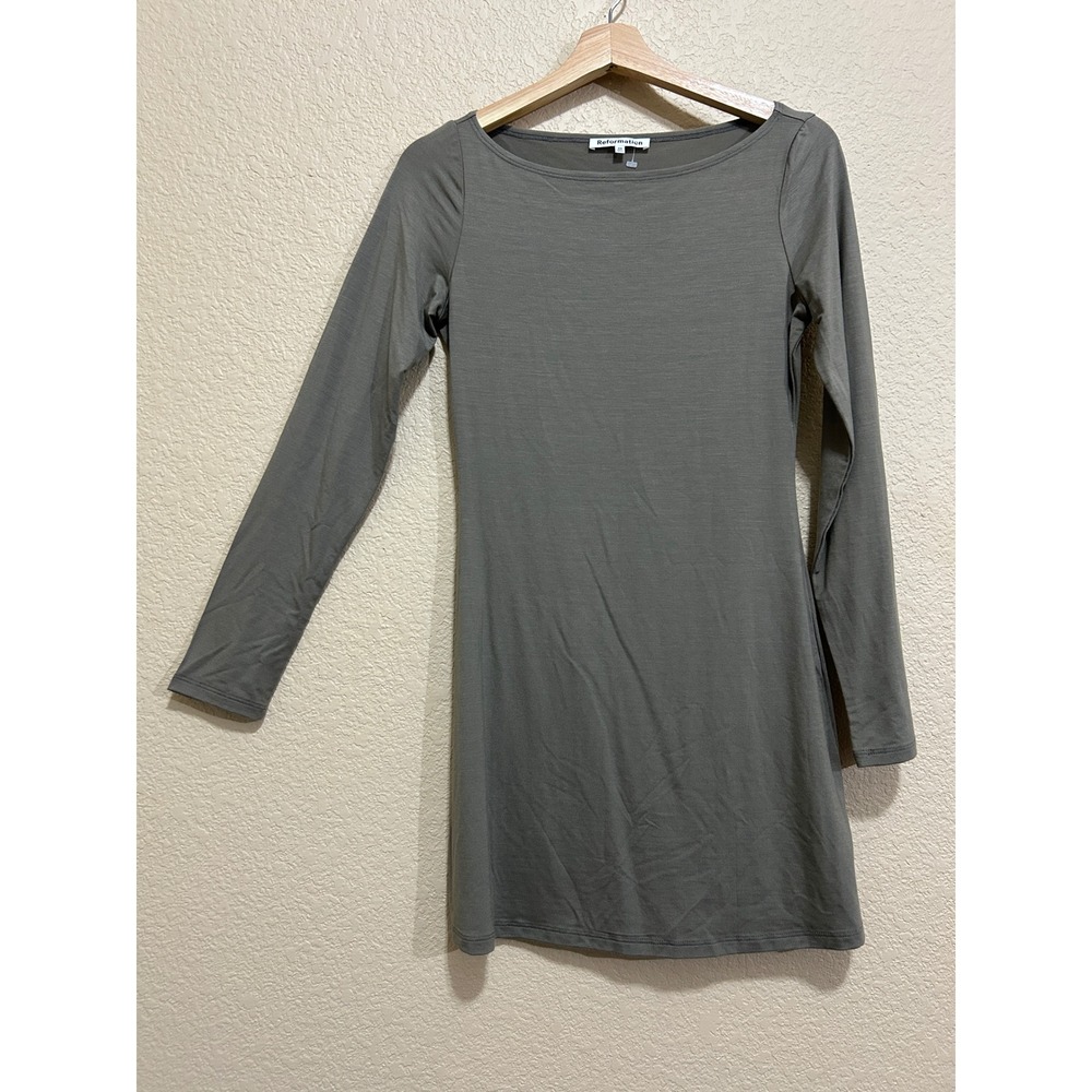 Reformation XS Long Sleeve Boat Neck Mini Dress Olive Green Tencel Lyocell Slim